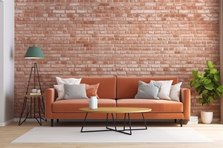 interior background sofa furniture light couch loft decoration simple brick three-dimensional render. Generative AI.の素材
