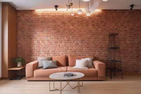 interior background design brick terracotta comfortable living pillow indoor brick wall loft. Generative AI.の素材