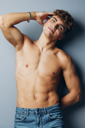 man fashion studio care bodybuilder shirtless strong beauty athlete model person athleticの写真素材