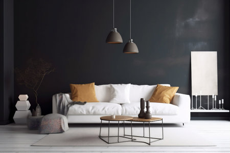 interior style concrete wall white lifestyle comfortable sofa lounge trendy grey. Generative AI.の素材