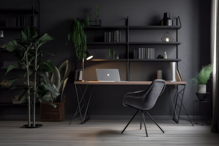interior background chair shelf lifestyle wall monitor screen table workplace mockup. Generative AI.の素材