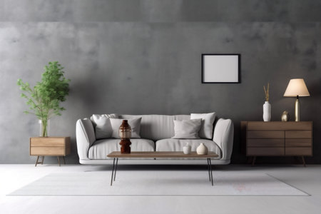 interior background wall three-dimensional carpet living design sofa decoration pillow comfortable. Generative AI.の素材