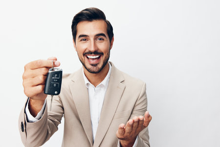 man key buy smile auto service holding hand car business customerの写真素材