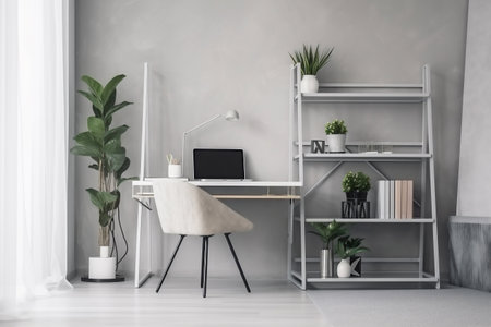 interior background monitor light modern technology armchair furniture plant table office. Generative AI.の素材