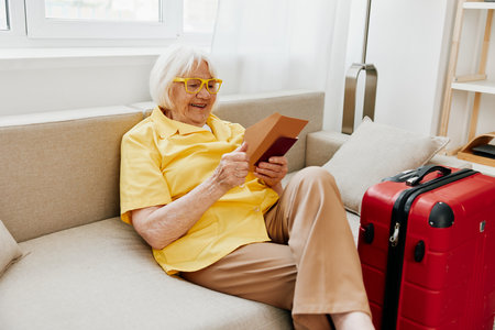 Happy senior woman with passport and travel ticket packed a red suitcase, vacation and health care. Smiling old woman happily sits on the sofa before the trip.の写真素材
