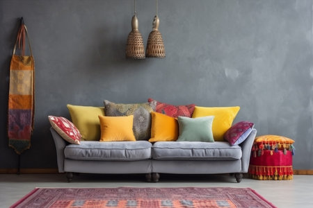 interior render color white lounge luxury space carpet house pillows brick home. Generative AI.の素材