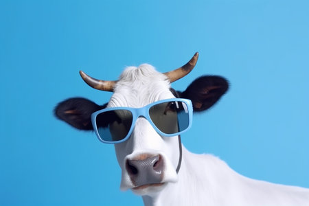 cow eyeglass background funny blue face portrait sunglasses head space copy animal. Generative AI.の素材