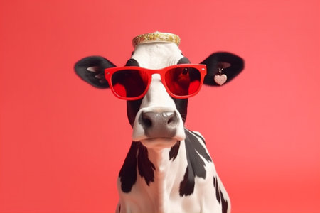 cow face funny animal portrait character colourful cute sunglasses head. Generative AI.の素材