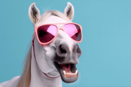 portrait animal background ai goggles horse fun funny colourful smile sunglasses. Generative AI.の素材