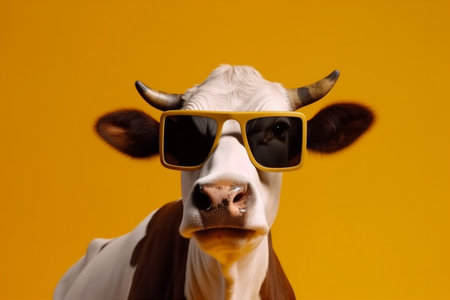 funny character cow portrait animal head colourful cute face sunglasses. Generative AI.の素材