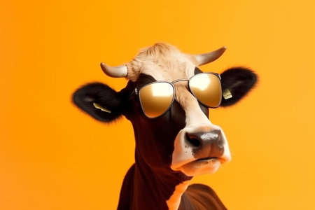 funny portrait sunglasses face character cow animal cute colourful head. Generative AI.の素材