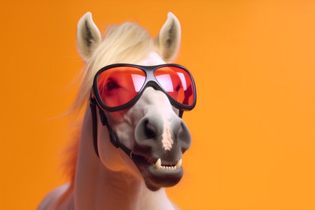 animal goggles funny portrait pastel smile horse fun colourful background sunglasses. Generative AI.の素材