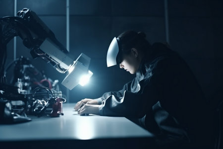3d man reality robotic virtual future glasses technology innovation robot three-dimensional engineer. Generative AI.の素材