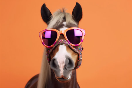 colourful sunglasses background portrait art goggles funny horse smile fun animal. Generative AI.の素材