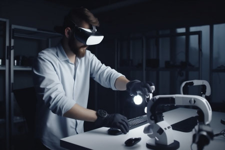 man innovation three-dimensional robot future 3d robotic engineer technology virtual entertainment glasses. Generative AI.の素材