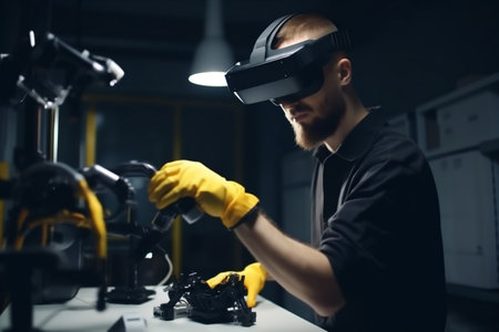 man innovation 3d robotic technology three-dimensional future glasses programming robot engineer virtual. Generative AI.の素材