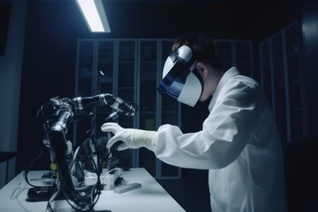 engineer man innovation robot glasses robotic 3d three-dimensional virtual future technology entertainment. Generative AI.の素材