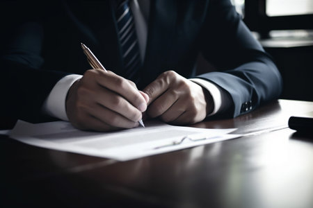 office man signature hand document businessman business lawyer contract group pen. Generative AI.の素材