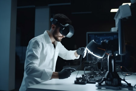 man engineer robotic future game technology glasses innovation three-dimensional robot virtual 3d. Generative AI.の素材
