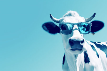 head copy funny cow background animal space eyeglass portrait sunglasses face blue. Generative AI.の素材