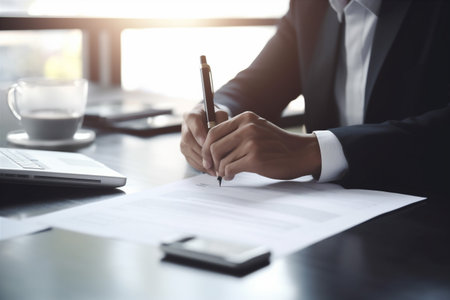 man hand contract office businessman document business lawyer group signature male. Generative AI.の素材