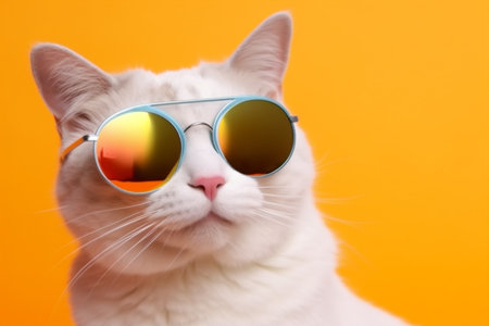 funny fashion portrait animal cute sunglasses pet cat neon colourful. Generative AI.の素材