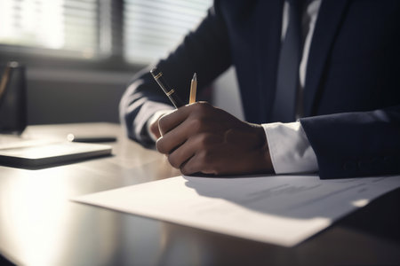 man lawyer signing document office contract businessman hand group business signature. Generative AI.の素材
