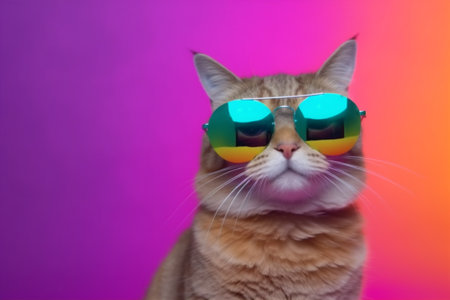 funny portrait cat sunglasses colourful fashion neon animal pet cute. Generative AI.の素材