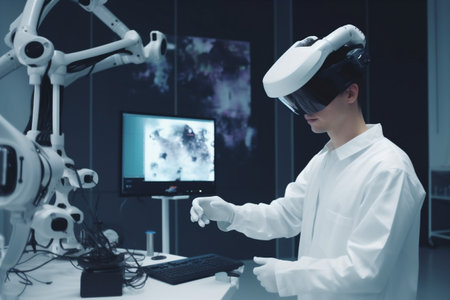 three-dimensional man future engineer glasses virtual robot 3d project robotic innovation technology. Generative AI.の素材