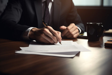 business man office group contract document signature lawyer pen hand businessman. Generative AI.の素材