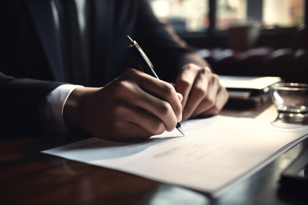 contract man document signature hand businessman group business signing lawyer office. Generative AI.の素材