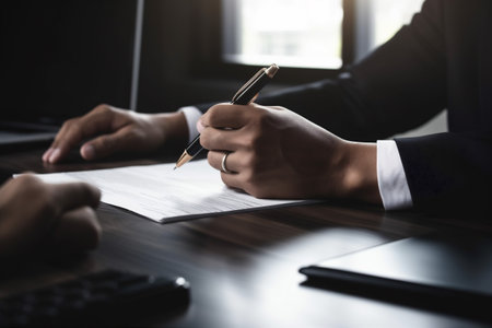 office man finance signature hand businessman lawyer document group contract business. Generative AI.の素材