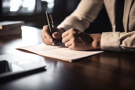 hand man lawyer signature contract professional office business businessman document group. Generative AI.の素材