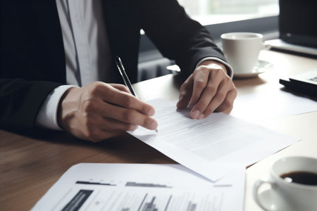 man businessman group document business office legal contract hand signature lawyer. Generative AI.の素材
