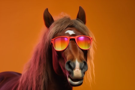 colourful background animal smile horse portrait sunglasses funny field goggles fun. Generative AI.の素材