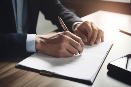 hand man lawyer signature contract business meeting businessman document office group. Generative AI.の素材