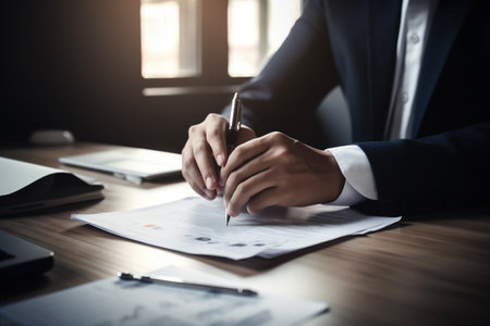group man lawyer business office document contract agreement businessman signature hand. Generative AI.の素材