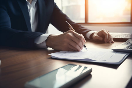 working man businessman hand signature business group office lawyer document contract. Generative AI.の素材
