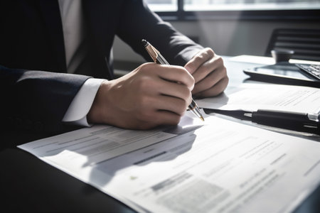man business signature office hand document lawyer group businessman contract sign. Generative AI.の素材