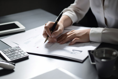 man contract document group lawyer business businessman office signing hand signature. Generative AI.の素材