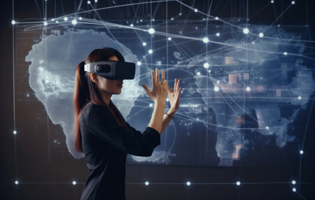 woman designer futuristic glasses 3d graphic digital technology innovation business virtual. Generative AI.の素材