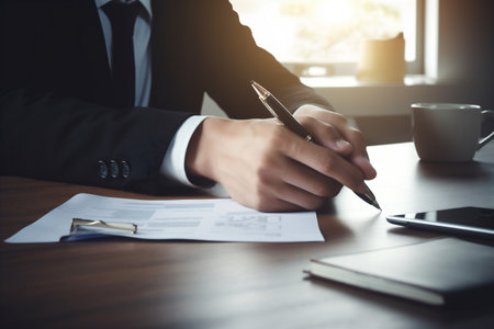 lawyer man businessman business contract corporate signature hand office document group. Generative AI.の素材