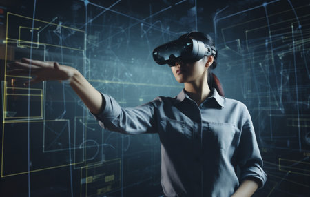 3d woman business virtual futuristic reality innovation glasses graphic technology digital. Generative AI.の素材