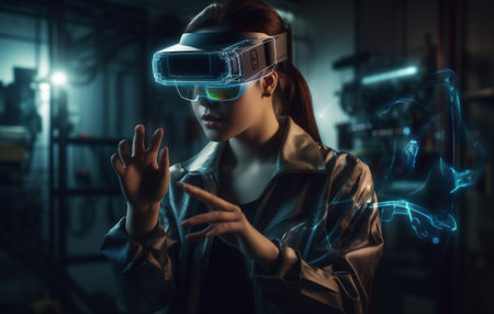 3d woman technology business glasses display innovation futuristic graphic virtual digital. Generative AI.の素材