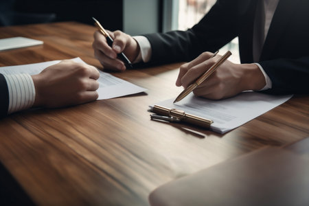 hand man legal document business signature office group businessman contract lawyer. Generative AI.の素材