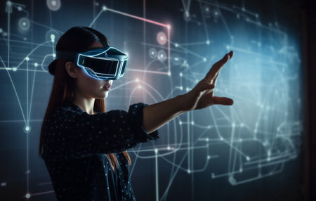 graphic woman technology 3d futuristic innovation virtual digital glasses business reality. Generative AI.の素材
