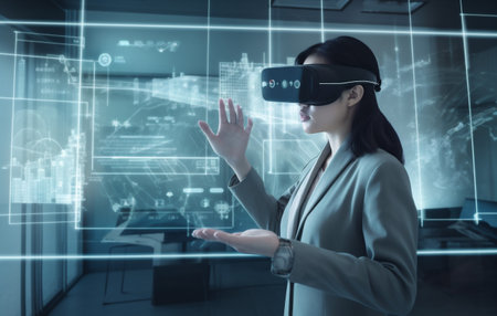 woman glasses virtual futuristic 3d screen technology graphic business digital innovation. Generative AI.の素材