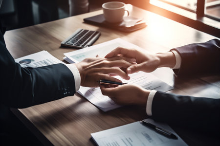 signature man business group businessman office contract lawyer sign hand document. Generative AI.の素材