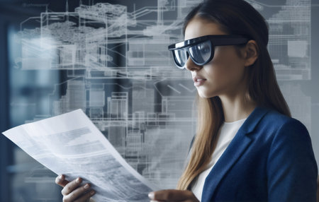 technology woman virtual 3d business innovation hand futuristic glasses digital graphic. Generative AI.の素材