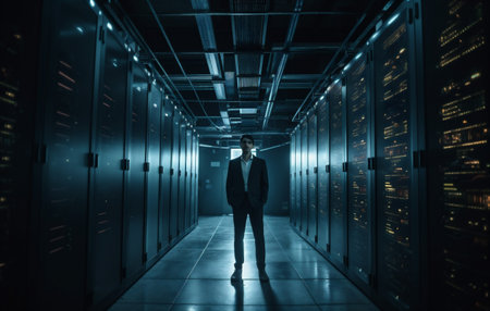 man storage data network datum computer connection server technology system administrator center. Generative AI.の素材